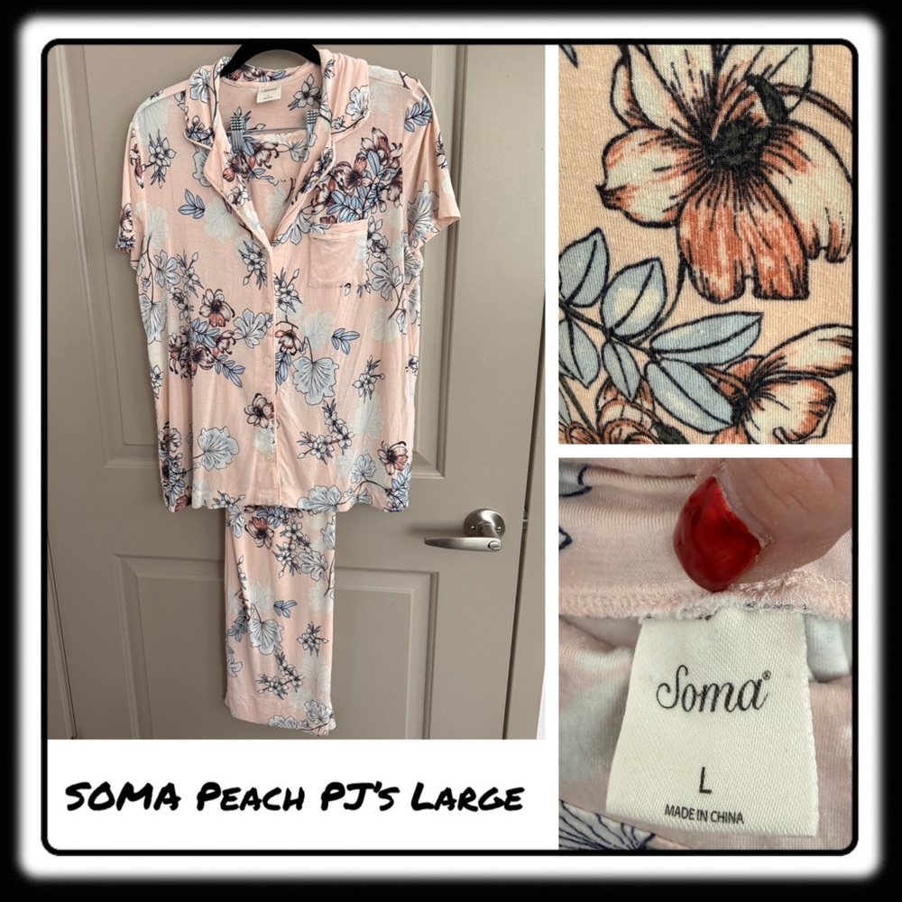 Soma “Notched Collar” short sleeve/pants peach floral print sz Large